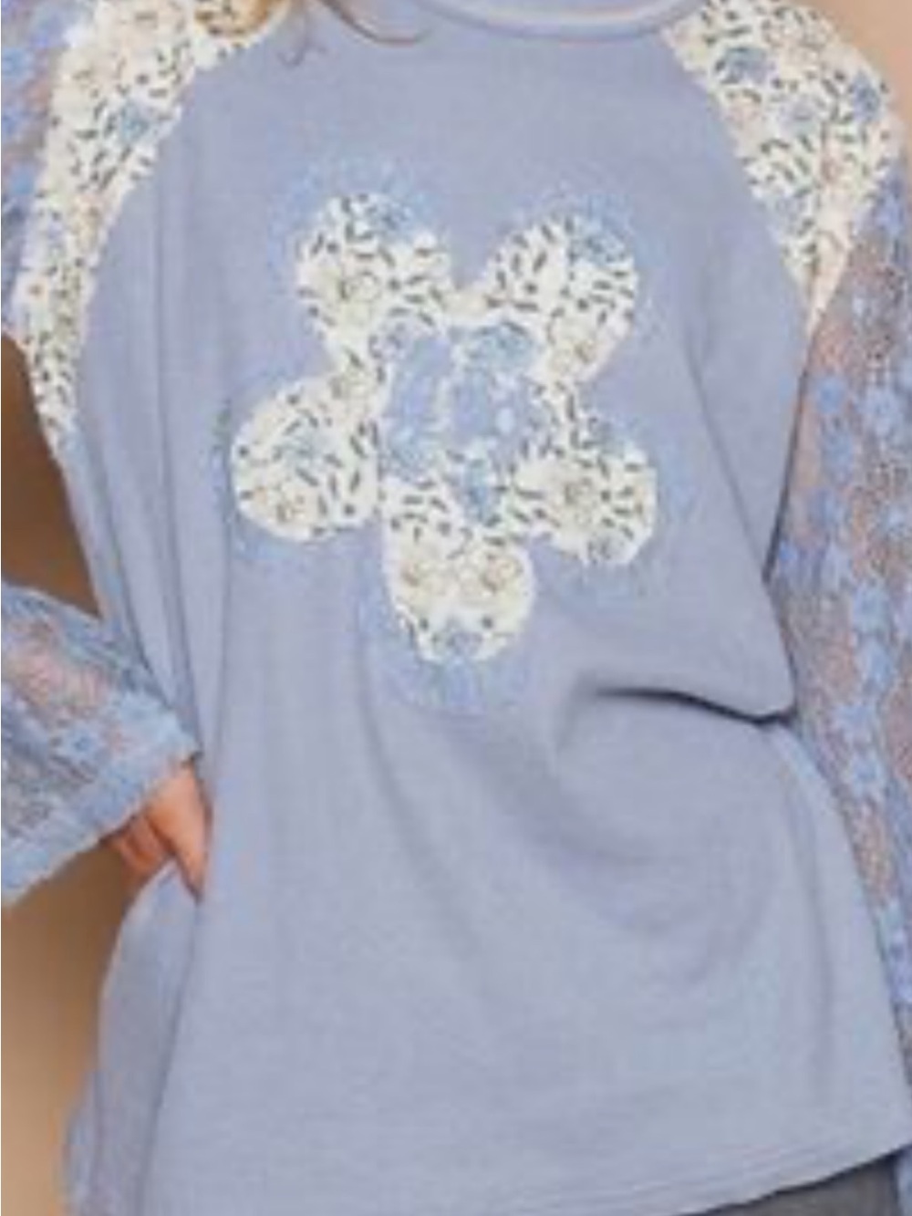 POL Light Blue Lace-Sleeve Floral Patch Blouse